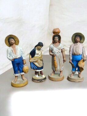 4 Vintage Mexican Clay Sculptures Folk Art Figurines Family Hand Painted Mexico